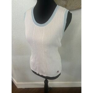 Tommy Hilfiger Womens Ribbed Cable Knit Sweater Vest Cream Blue Ringer Medium